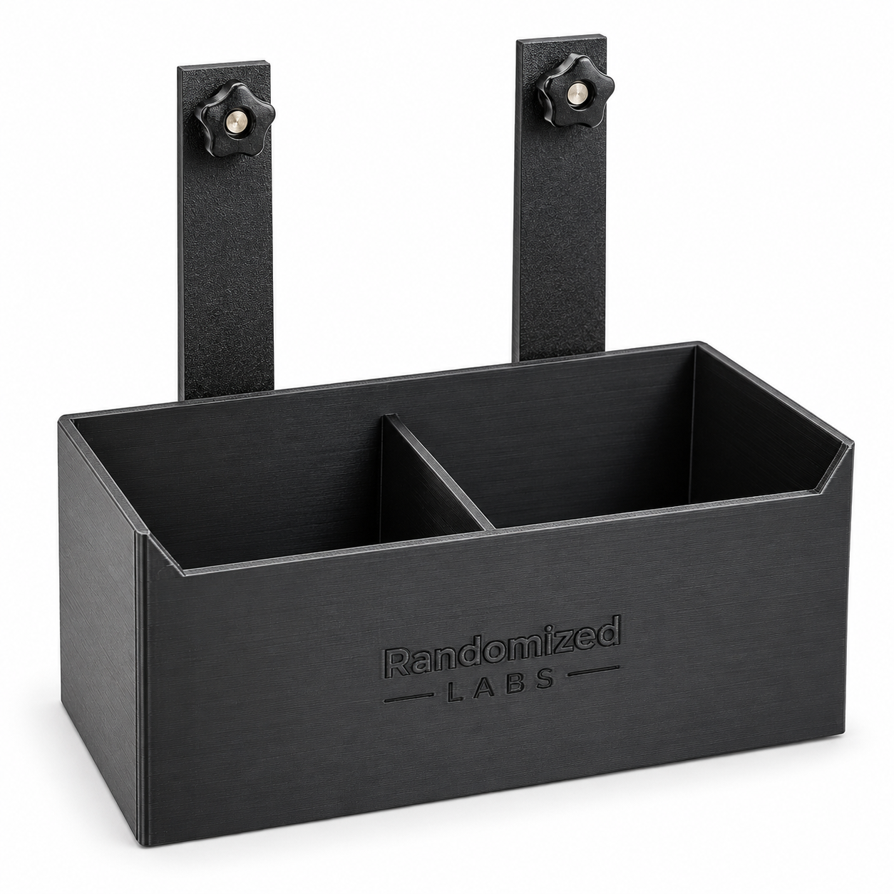 Black divided Bed Rail Storage Box with two rail mounting arms and hand knobs