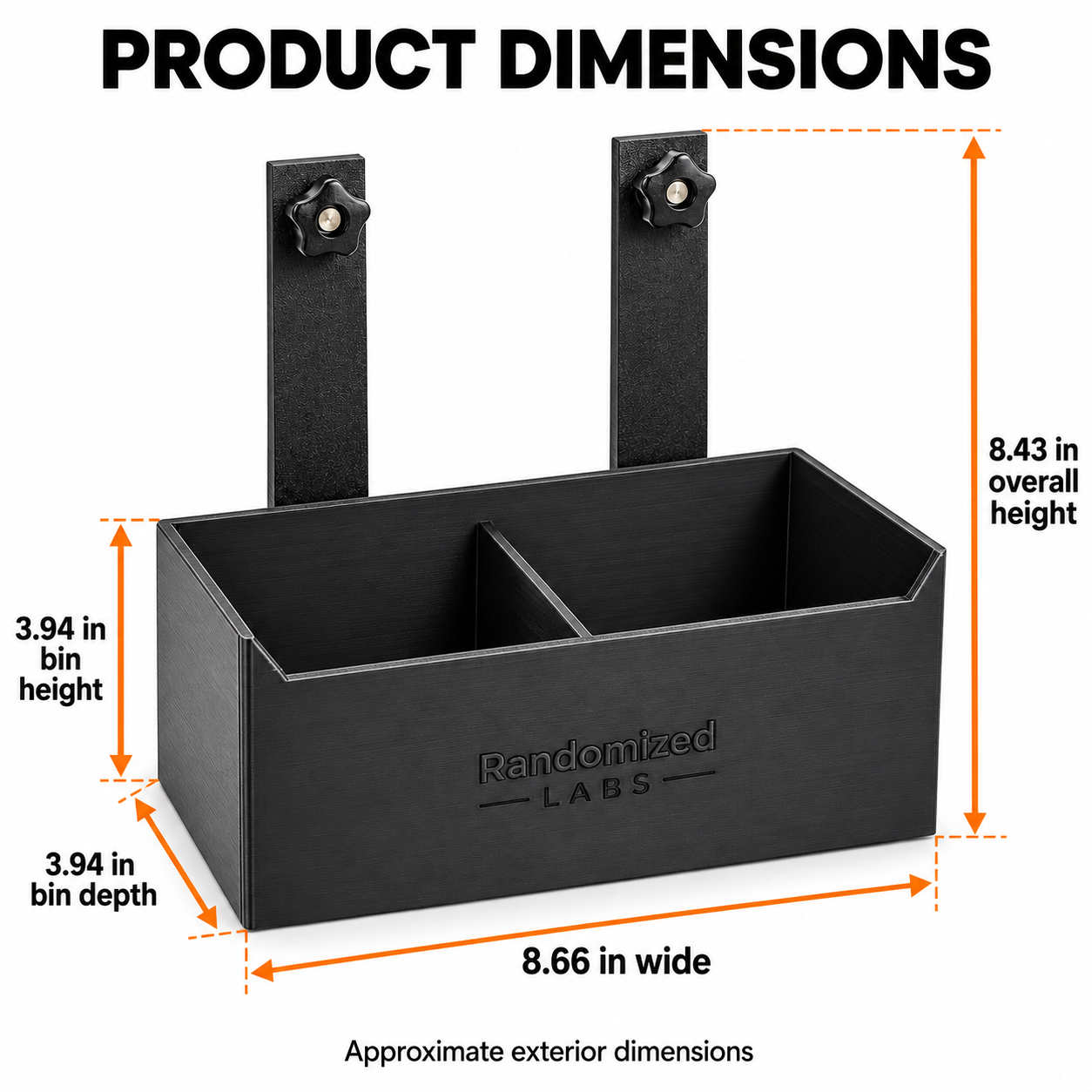 Storage Box exterior dimensions: 8.66 inches wide, 3.94 inches deep, 3.94 inch bin height, 8.43 inch overall height