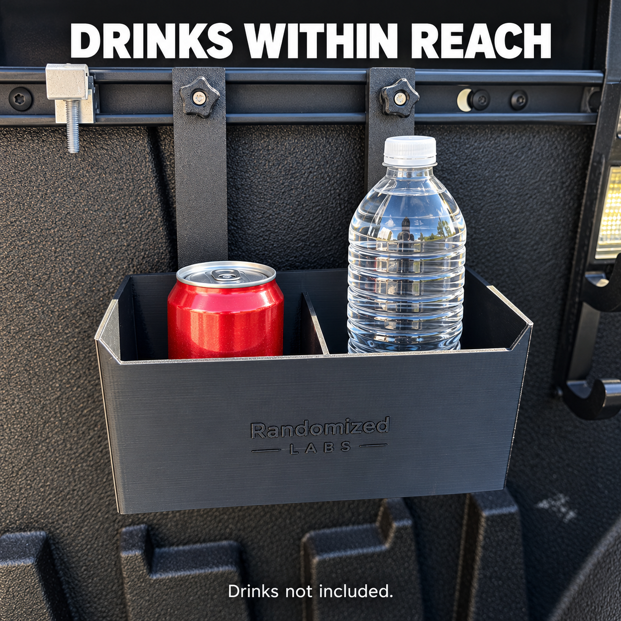 Storage Box holding a can and water bottle; drinks not included