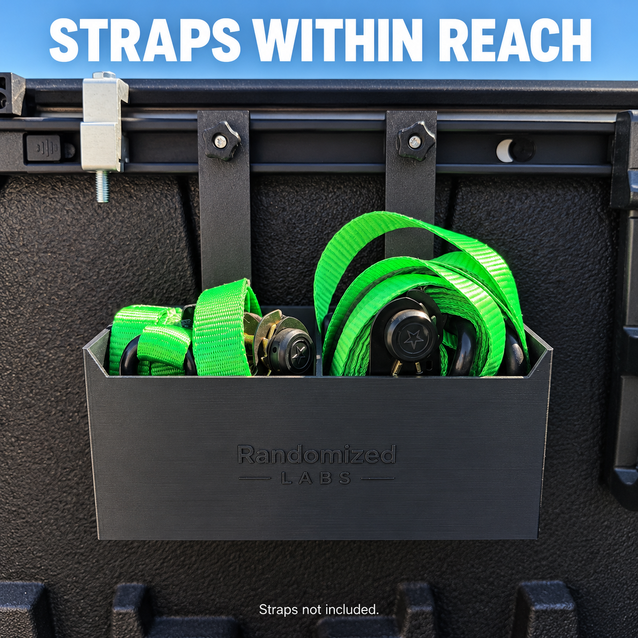 Storage Box organizing green ratchet straps; straps not included