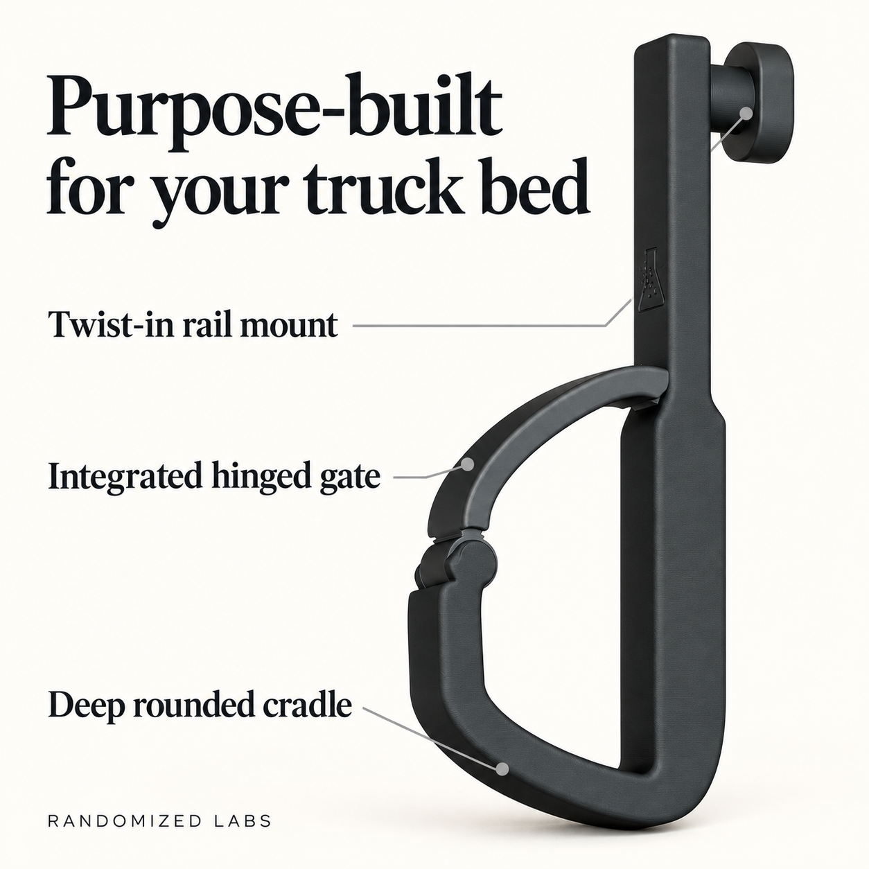 J-Hook features: twist-in rail mount, integrated hinged gate, deep rounded cradle